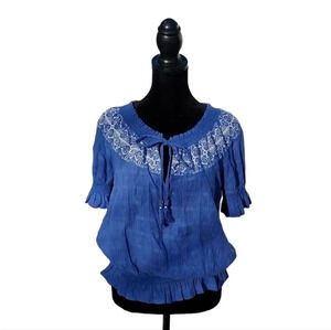 Tory Burch Blue Womens Blouse with Tassels Tie S/P 100%Cotton